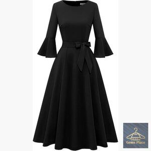 Vintage Bell Sleeve Midi Dress A-Line Formal Wedding Guest Church